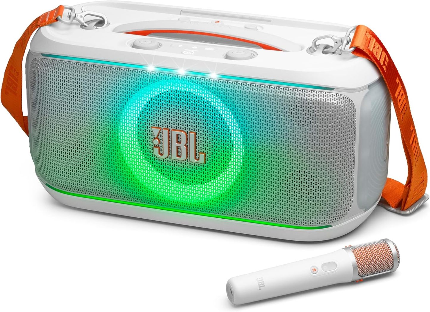 PartyBox On-The-Go 2 - Portable Party Speaker with one Wireless Digital mic, Handle and a Shoulder Strap, Dynamic lightshow, Up to 15 Hours Playtime, Splash Proof & Auracast™