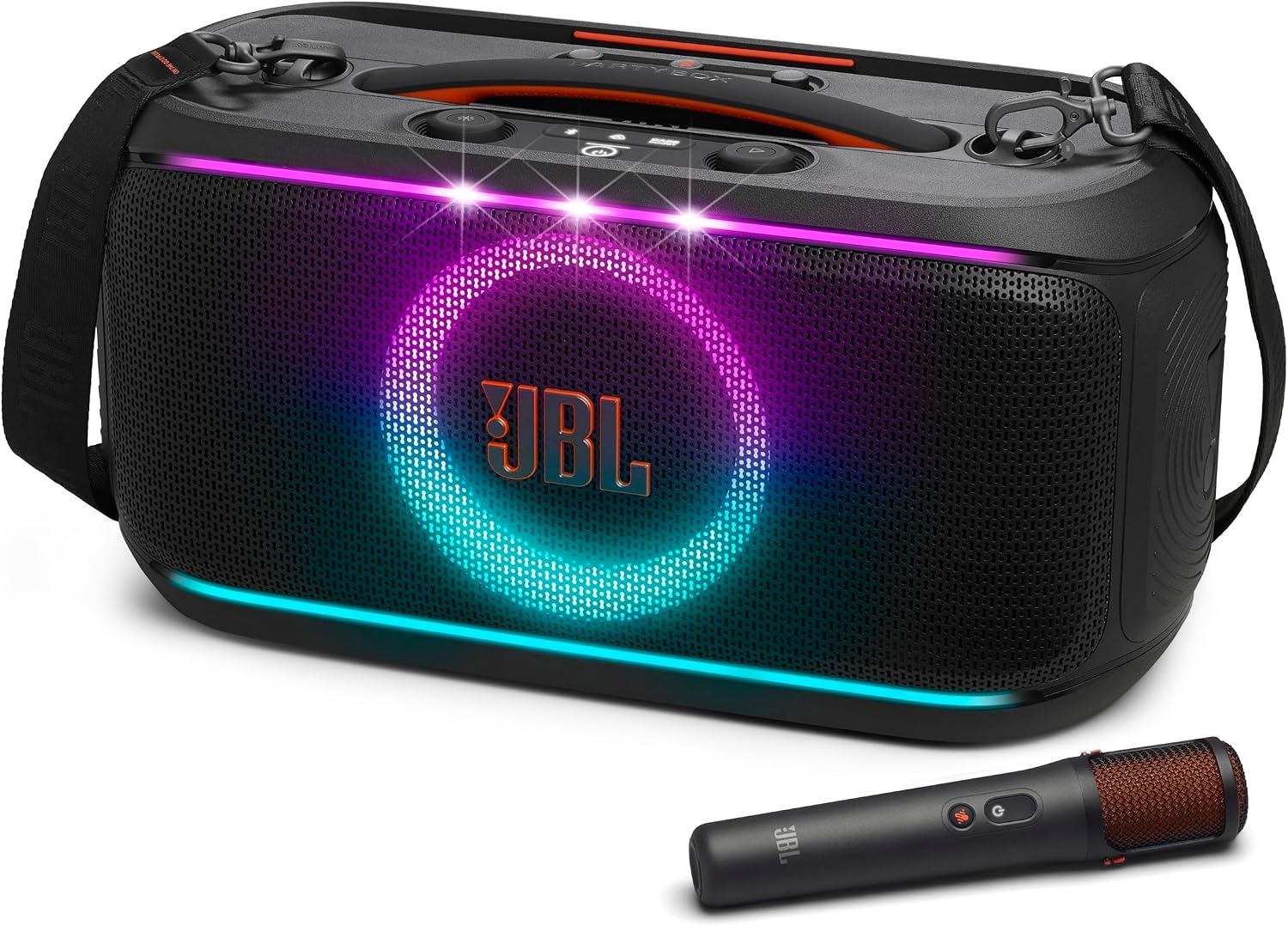 PartyBox On-The-Go 2 - Portable Party Speaker with one Wireless Digital mic, Handle and a Shoulder Strap, Dynamic lightshow, Up to 15 Hours Playtime, Splash Proof & Auracast™