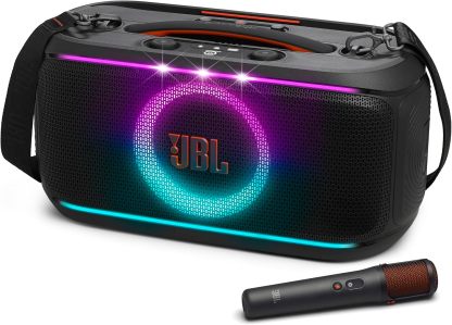 PartyBox On-The-Go 2 - Portable Party Speaker with one Wireless Digital mic, Handle and a Shoulder Strap, Dynamic lightshow, Up to 15 Hours Playtime, Splash Proof & Auracast™