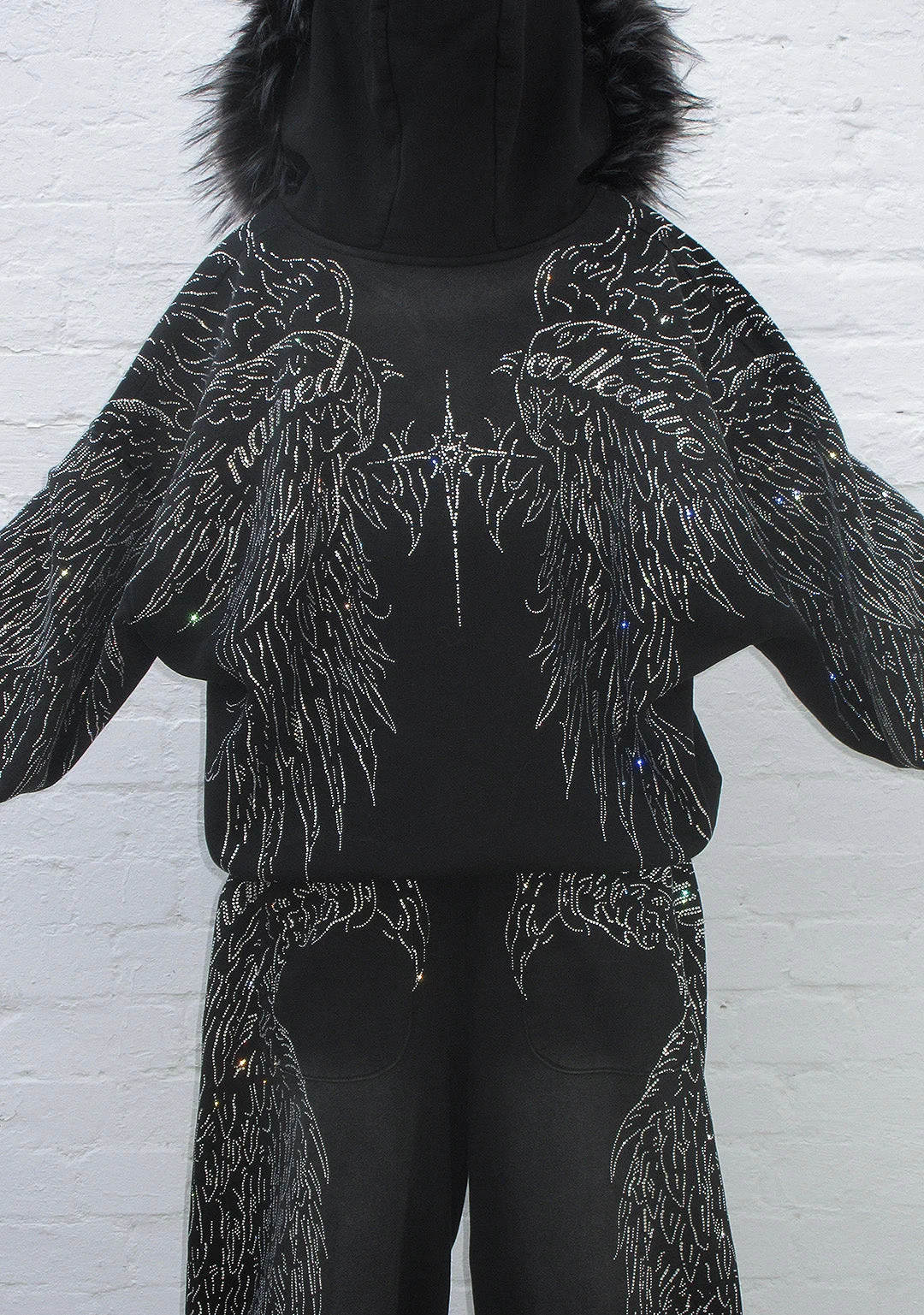 FALLEN FAUX FUR RHINESTONE ZIP HOODIE WASHED BLACK (DETACHABLE FUR)