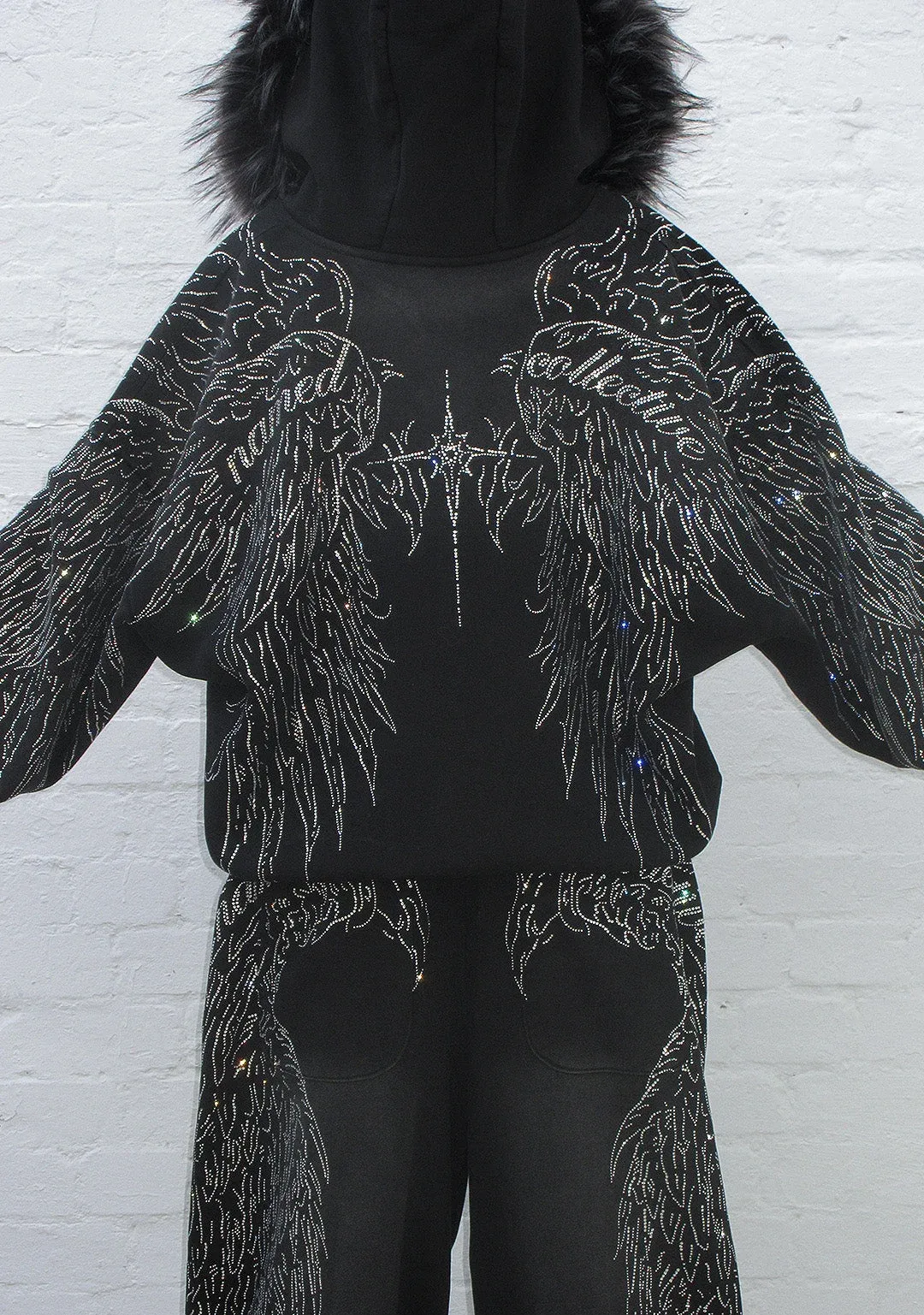 FALLEN FAUX FUR RHINESTONE ZIP HOODIE WASHED BLACK (DETACHABLE FUR)
