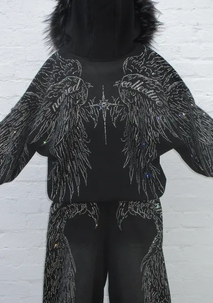 FALLEN FAUX FUR RHINESTONE ZIP HOODIE WASHED BLACK (DETACHABLE FUR)