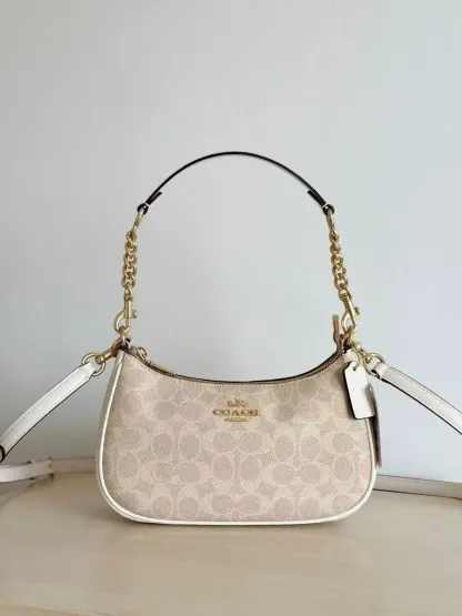 NWT CV933 Teri Shoulder Bag In Signature Canvas Gold/Sand/Chalk