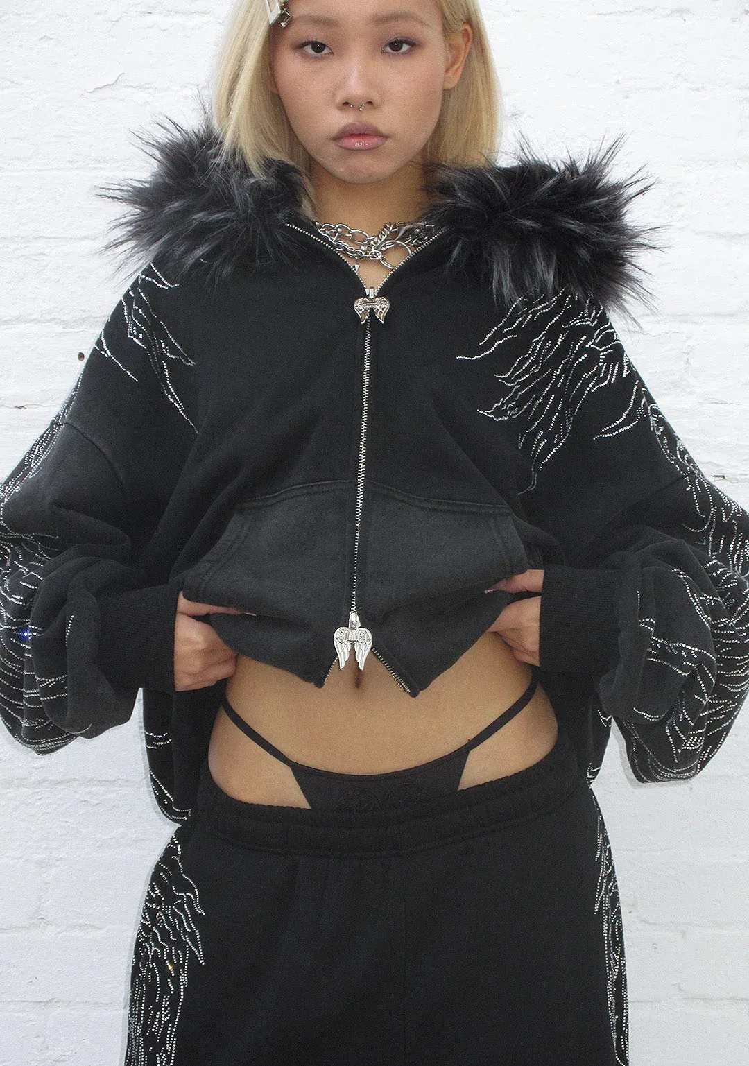 FALLEN FAUX FUR RHINESTONE ZIP HOODIE WASHED BLACK (DETACHABLE FUR)