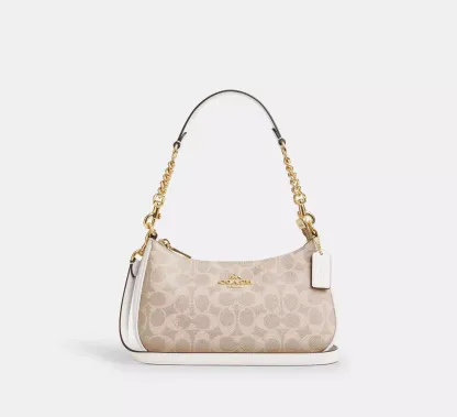 NWT CV933 Teri Shoulder Bag In Signature Canvas Gold/Sand/Chalk