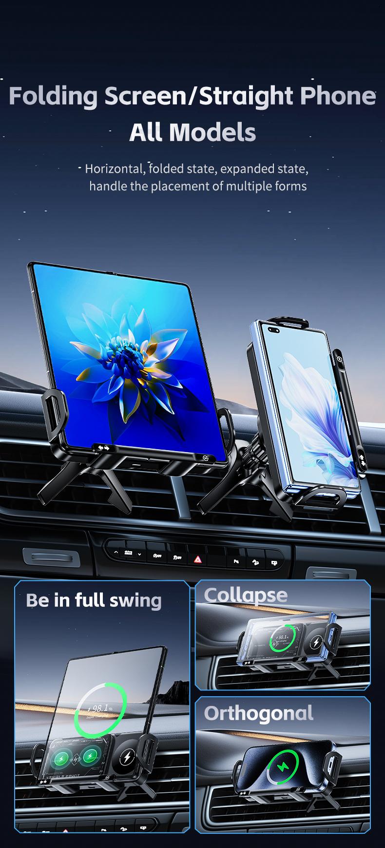 Wireless Charging Phone Holder Car Mount for Folding Screen/Universal Smartphone, 90&deg; Rotating Car Mount Output Power 15W, Super Stable Air Vent Cell Phone Car Mount with Hook Clip, One Button Release for iPhone, Samsung, Google, and Other Smartphone