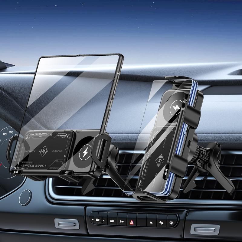 Wireless Charging Phone Holder Car Mount for Folding Screen/Universal Smartphone, 90° Rotating Car Mount Output Power 15W, Super Stable Air Vent Cell Phone Car Mount with Hook Clip, One Button Release for iPhone, Samsung, Google, and Other Smartphone