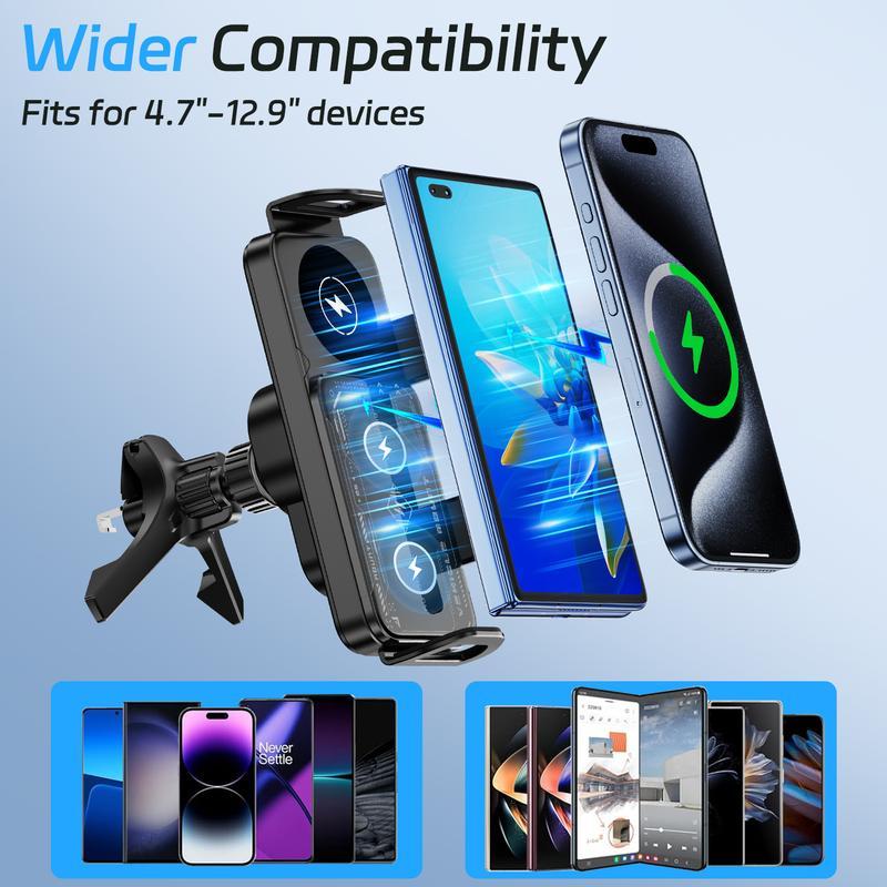 Wireless Charging Phone Holder Car Mount for Folding Screen/Universal Smartphone, 90° Rotating Car Mount Output Power 15W, Super Stable Air Vent Cell Phone Car Mount with Hook Clip, One Button Release for iPhone, Samsung, Google, and Other Smartphone