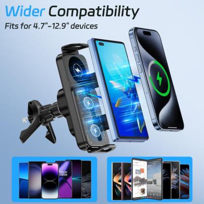 Wireless Charging Phone Holder Car Mount for Folding Screen/Universal Smartphone, 90° Rotating Car Mount Output Power 15W, Super Stable Air Vent Cell Phone Car Mount with Hook Clip, One Button Release for iPhone, Samsung, Google, and Other Smartphone