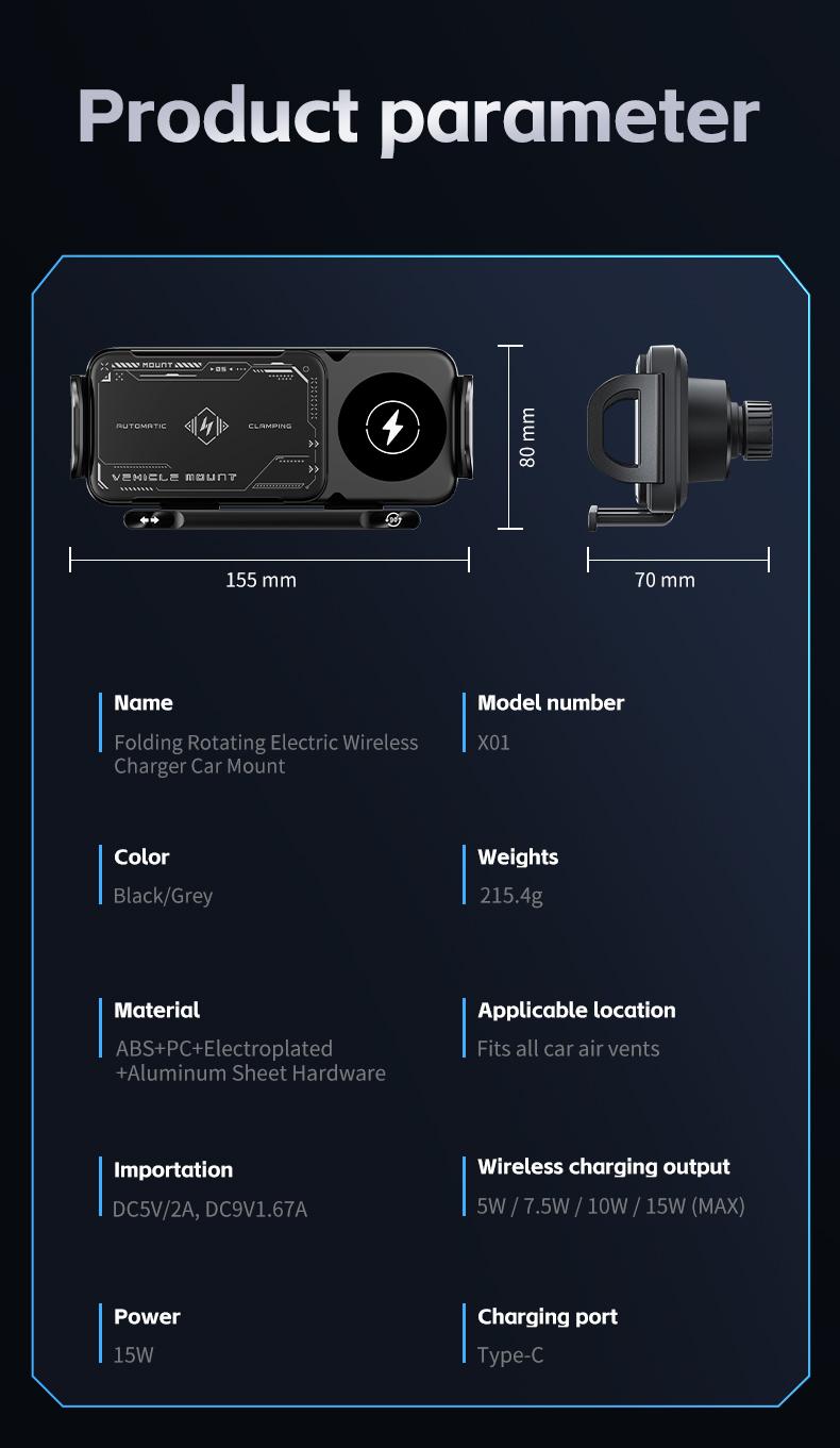 Wireless Charging Phone Holder Car Mount for Folding Screen/Universal Smartphone, 90&deg; Rotating Car Mount Output Power 15W, Super Stable Air Vent Cell Phone Car Mount with Hook Clip, One Button Release for iPhone, Samsung, Google, and Other Smartphone