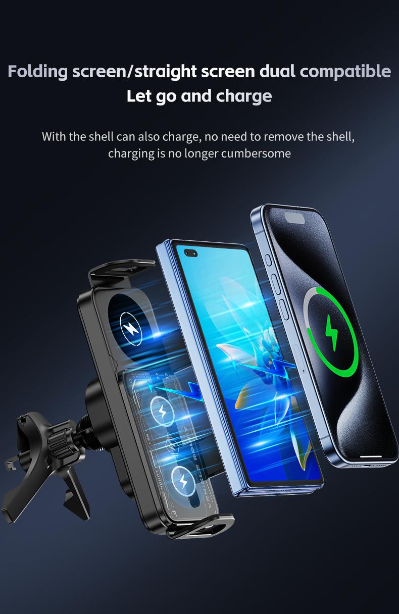 Wireless Charging Phone Holder Car Mount for Folding Screen/Universal Smartphone, 90&deg; Rotating Car Mount Output Power 15W, Super Stable Air Vent Cell Phone Car Mount with Hook Clip, One Button Release for iPhone, Samsung, Google, and Other Smartphone