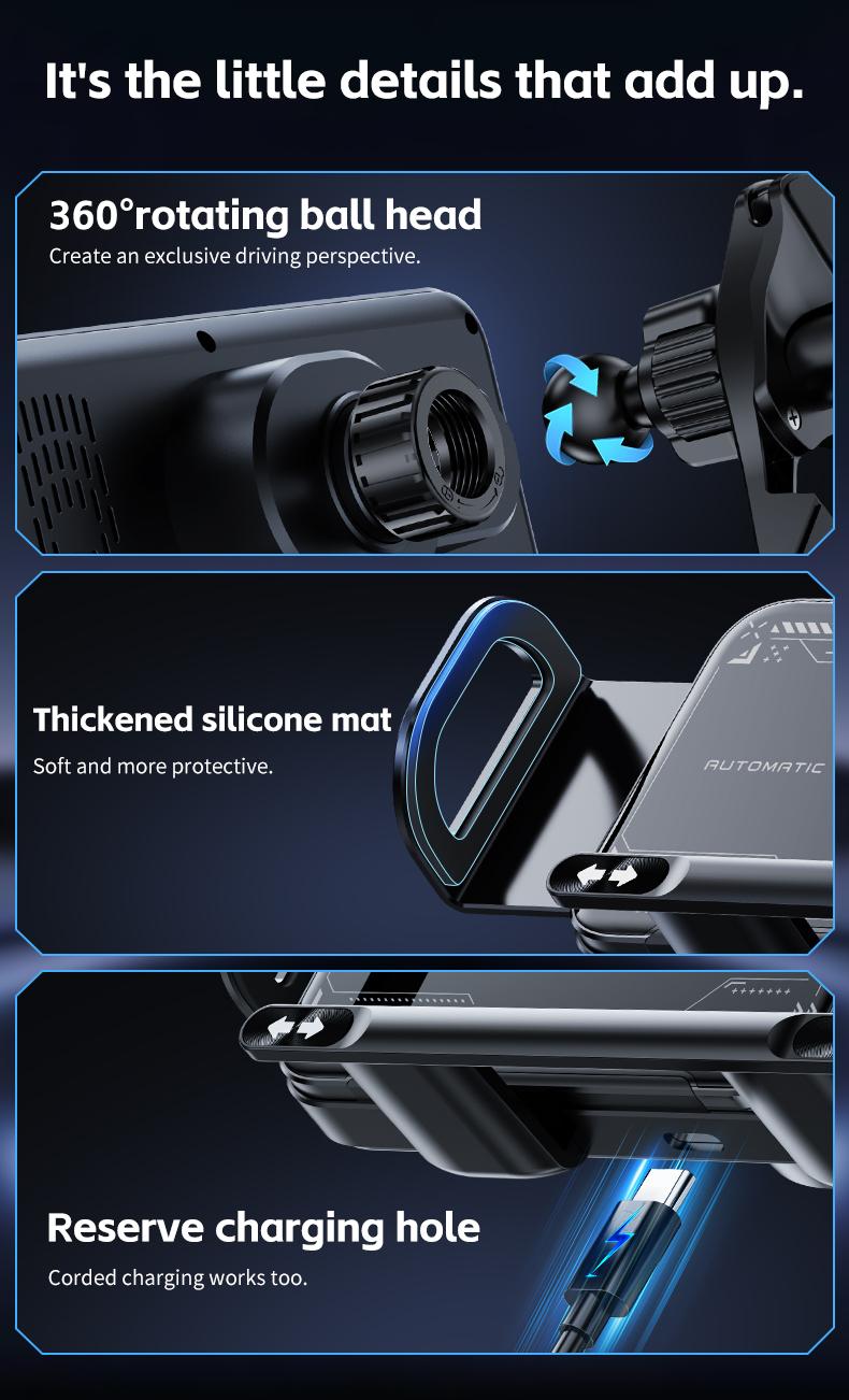 Wireless Charging Phone Holder Car Mount for Folding Screen/Universal Smartphone, 90&deg; Rotating Car Mount Output Power 15W, Super Stable Air Vent Cell Phone Car Mount with Hook Clip, One Button Release for iPhone, Samsung, Google, and Other Smartphone