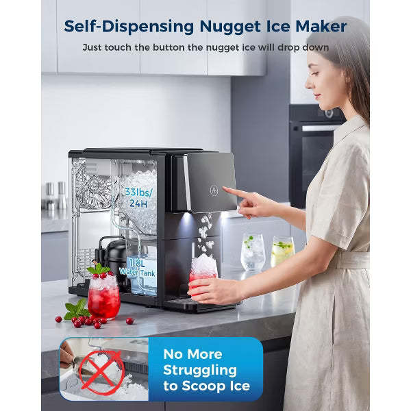 Countertop Nugget Ice Maker with One-Touch Dispensing – 33lbs/Day Production