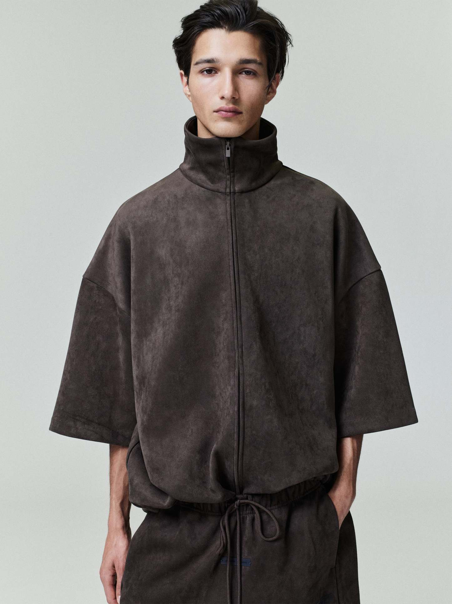 Suede Fleece High Neck 3/4 Sleeve Jacket