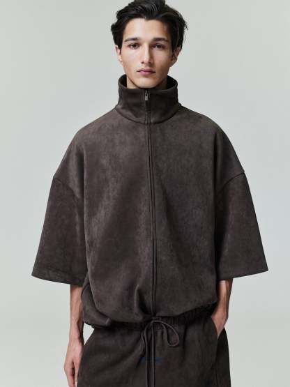 Suede Fleece High Neck 3/4 Sleeve Jacket