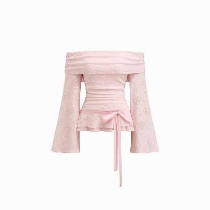 Cider Lace Off-shoulder Floral Knotted Ruched Long Sleeve Top