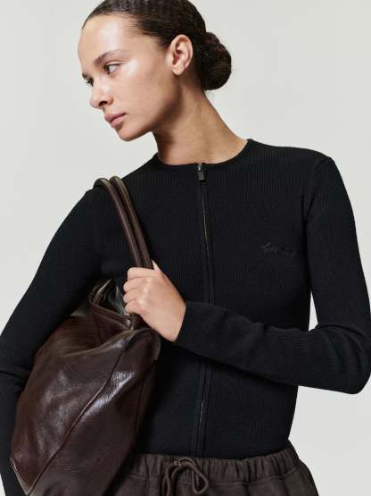 Womens Signature Rib Knit Fitted Long Sleeve Zip Up Tee