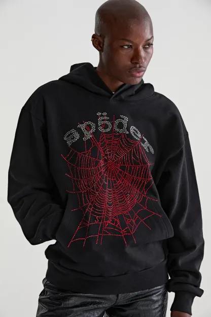 Sp5der Rhinestone OG Web V2 Hoodie Black