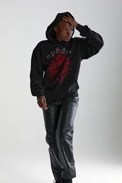 Sp5der Rhinestone OG Web V2 Hoodie Black