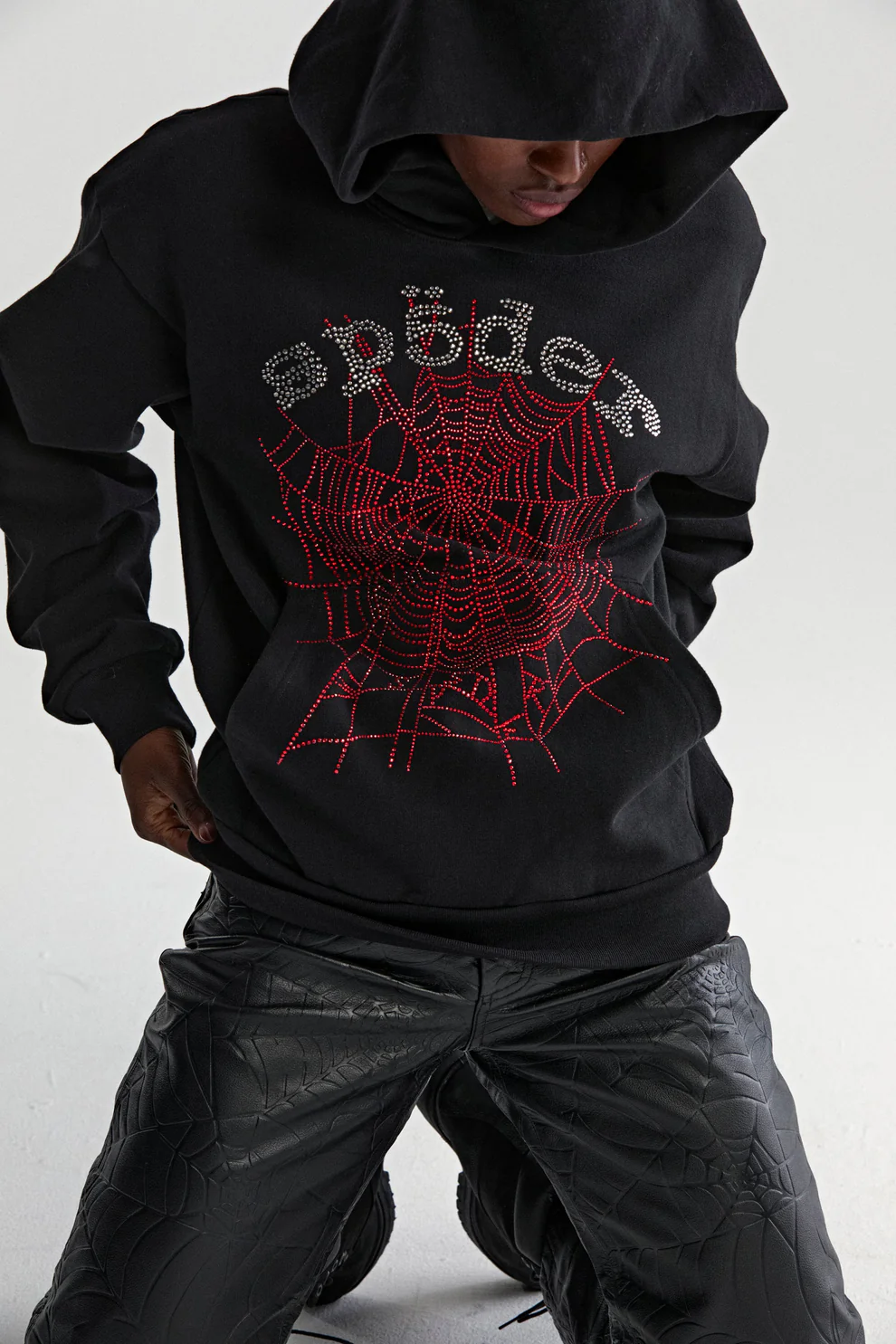Sp5der Rhinestone OG Web V2 Hoodie Black