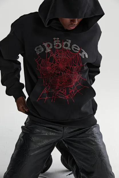 Sp5der Rhinestone OG Web V2 Hoodie Black