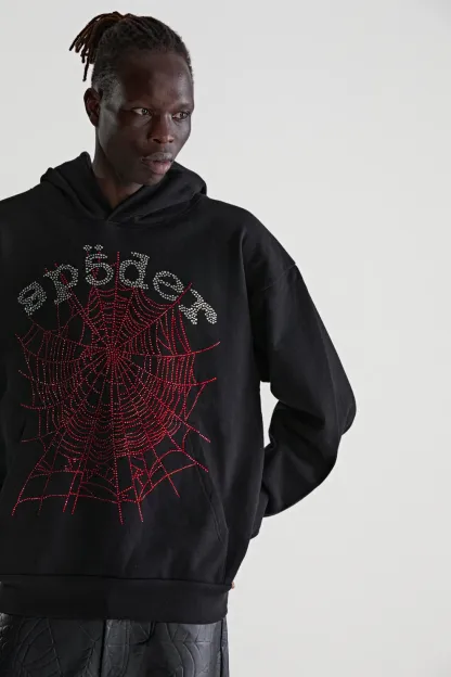 Sp5der Rhinestone OG Web V2 Hoodie Black