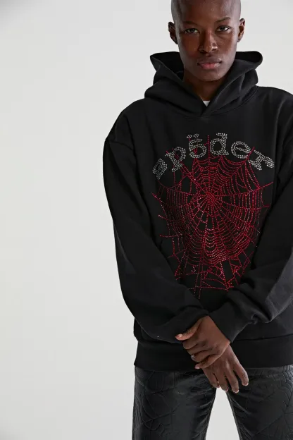 Sp5der Rhinestone OG Web V2 Hoodie Black