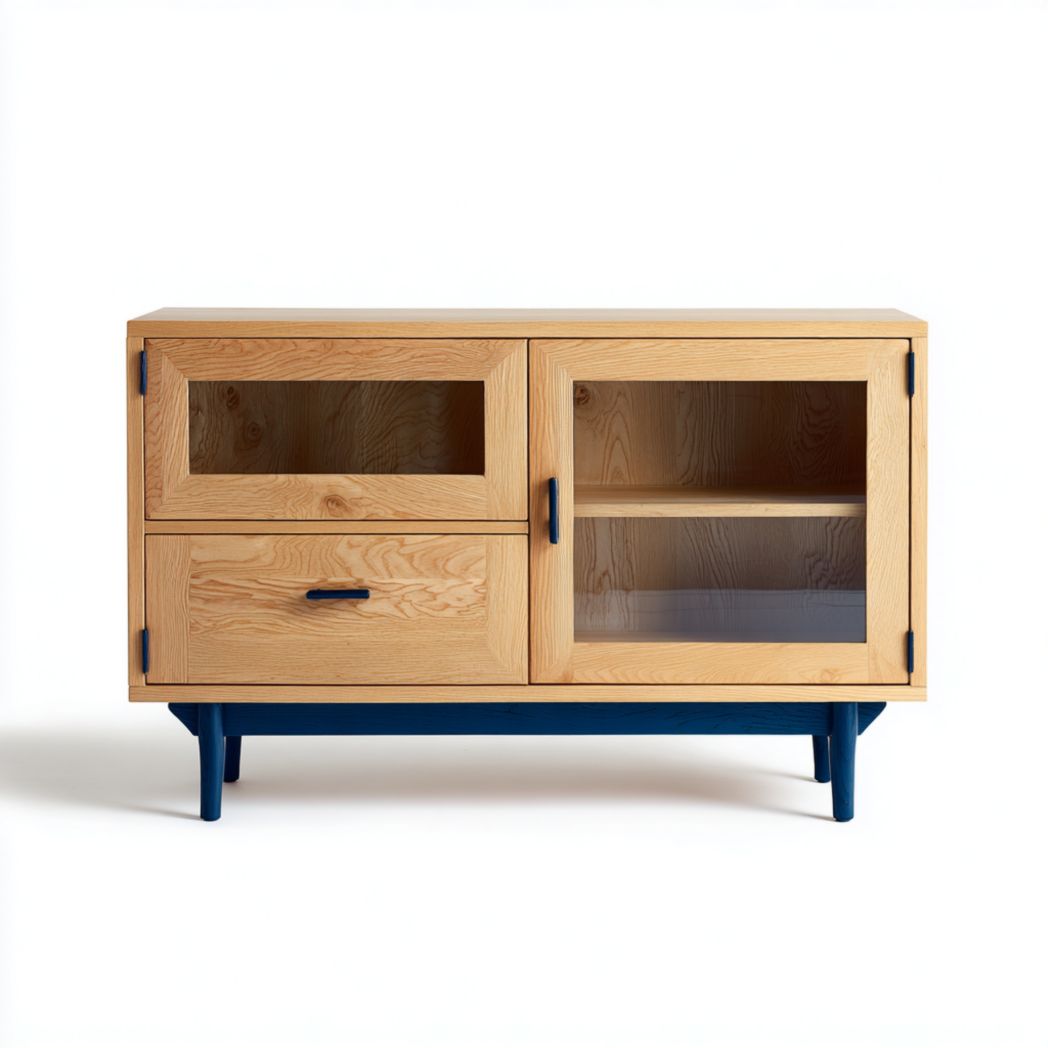 Buffet en bois clair avec tiroir et portes vitrées-DECO FURNITURE