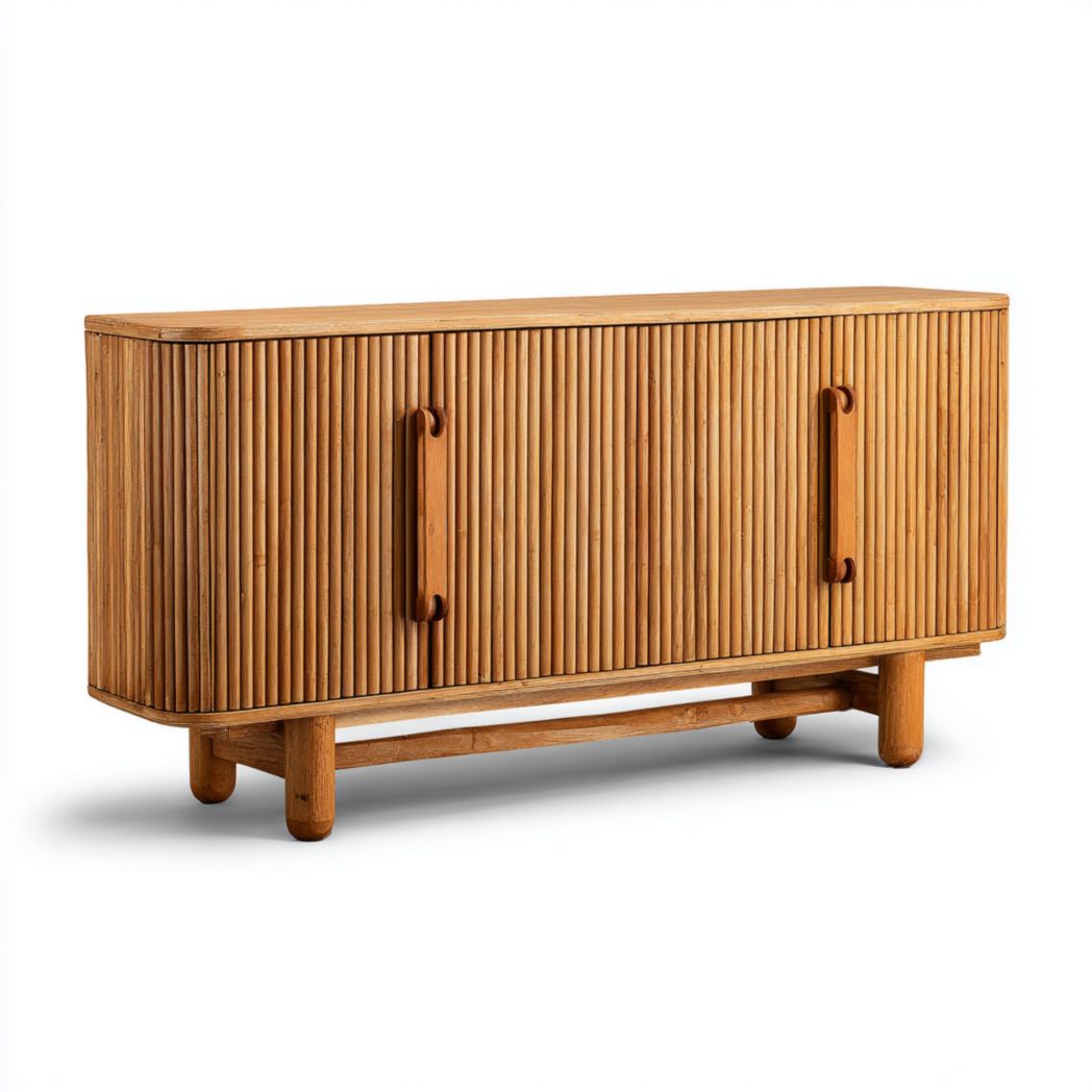 Buffet en bois avec design à lamelles et poignées en bois-DECO FURNITURE