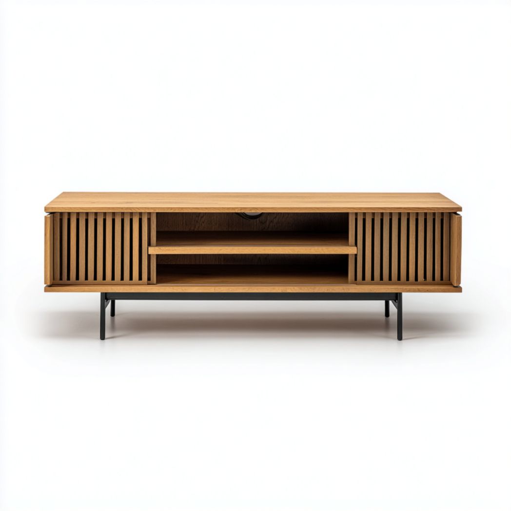 Meuble TV bas en bois avec portes à lattes et étagères ouvertes-DECO FURNITURE