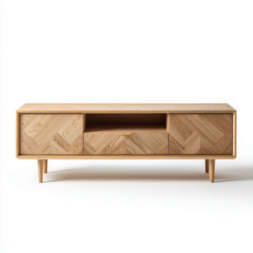 Meuble TV bas en bois motif chevron avec tiroirs et niche ouverte-DECO FURNITURE
