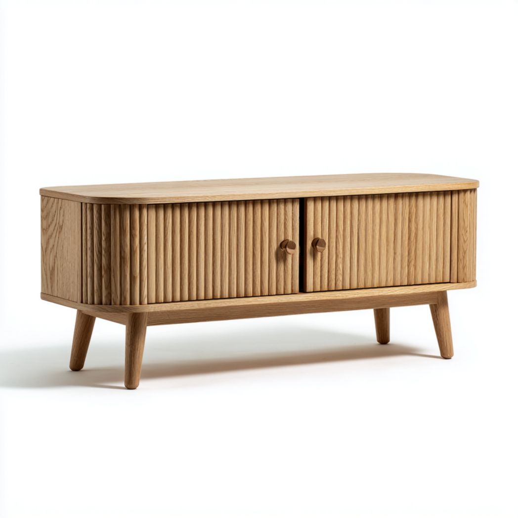 Meuble TV en bois avec portes à lamelles et pieds en bois-DECO FURNITURE