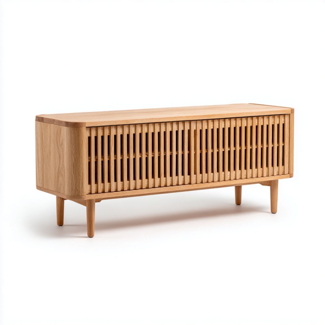 Meuble TV bas en bois avec façade à lattes verticales-DECO FURNITURE