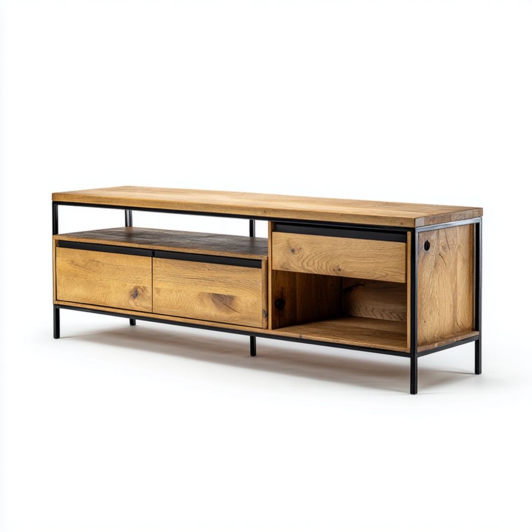 Meuble TV industriel en bois et métal avec tiroirs et étagères ouvertes-DECO FURNITURE