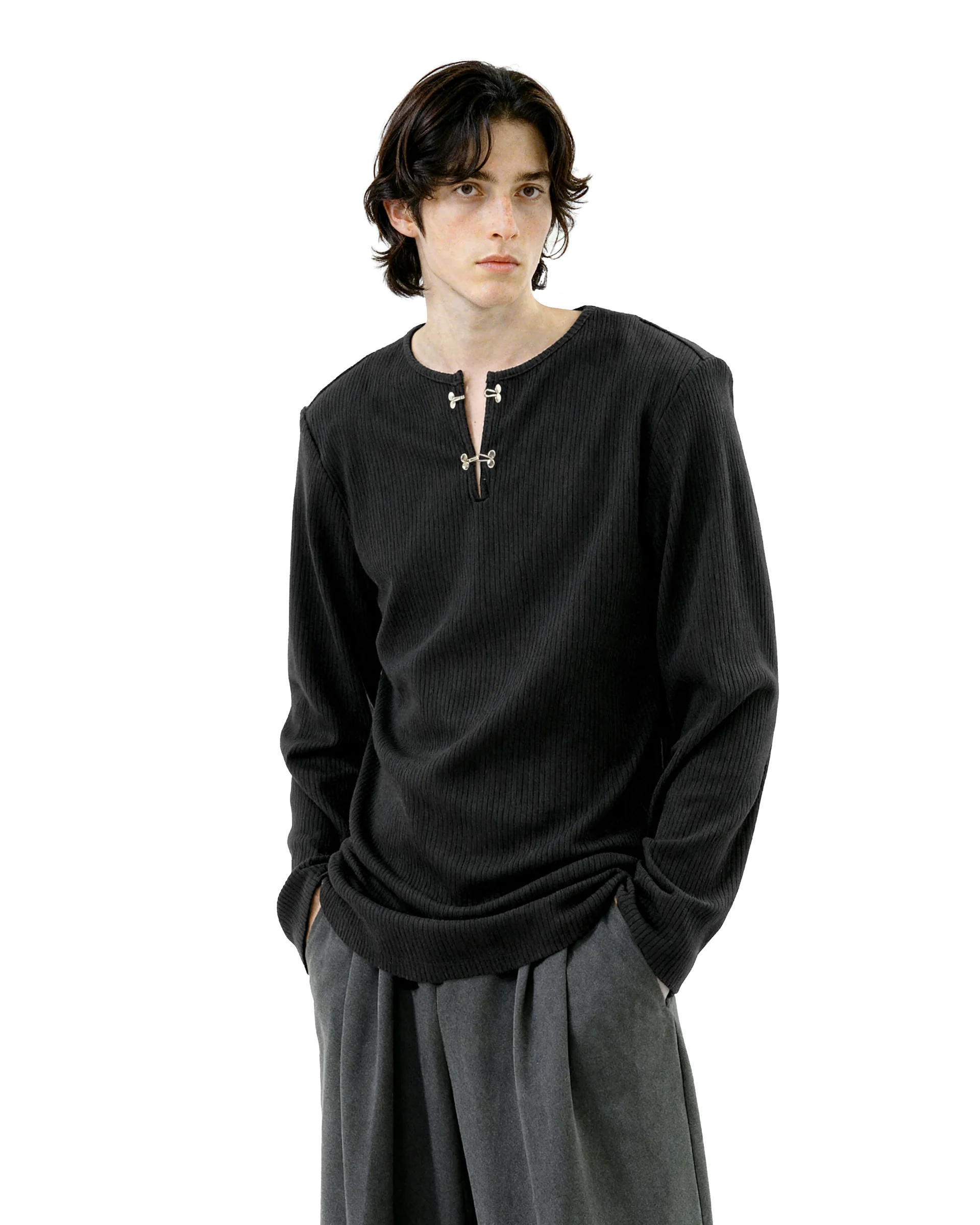 Ribbed Metal-Clasp Hook Henley Top