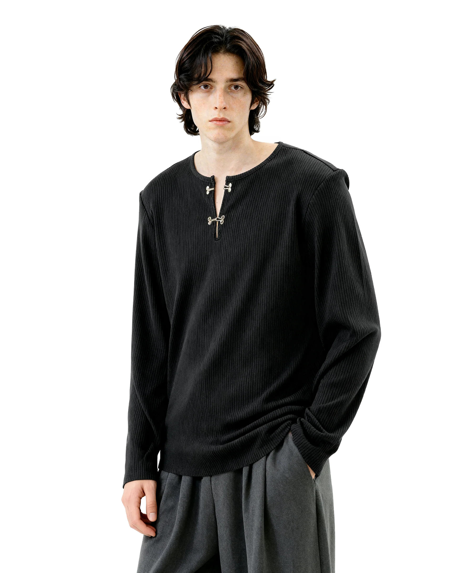 Ribbed Metal-Clasp Hook Henley Top