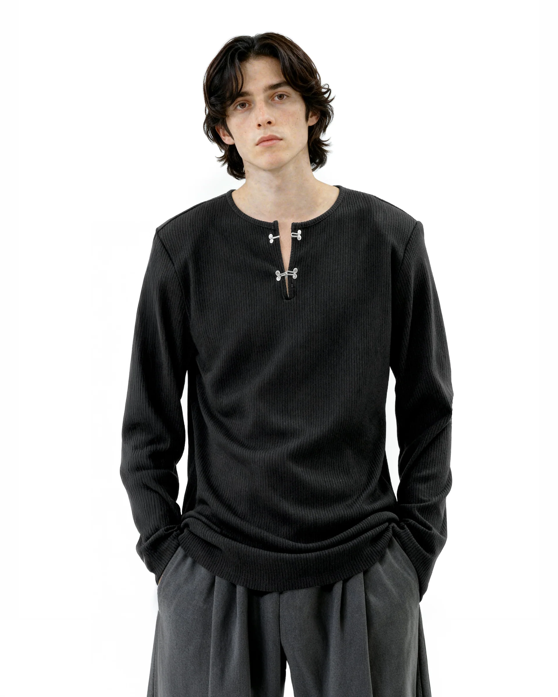 Ribbed Metal-Clasp Hook Henley Top