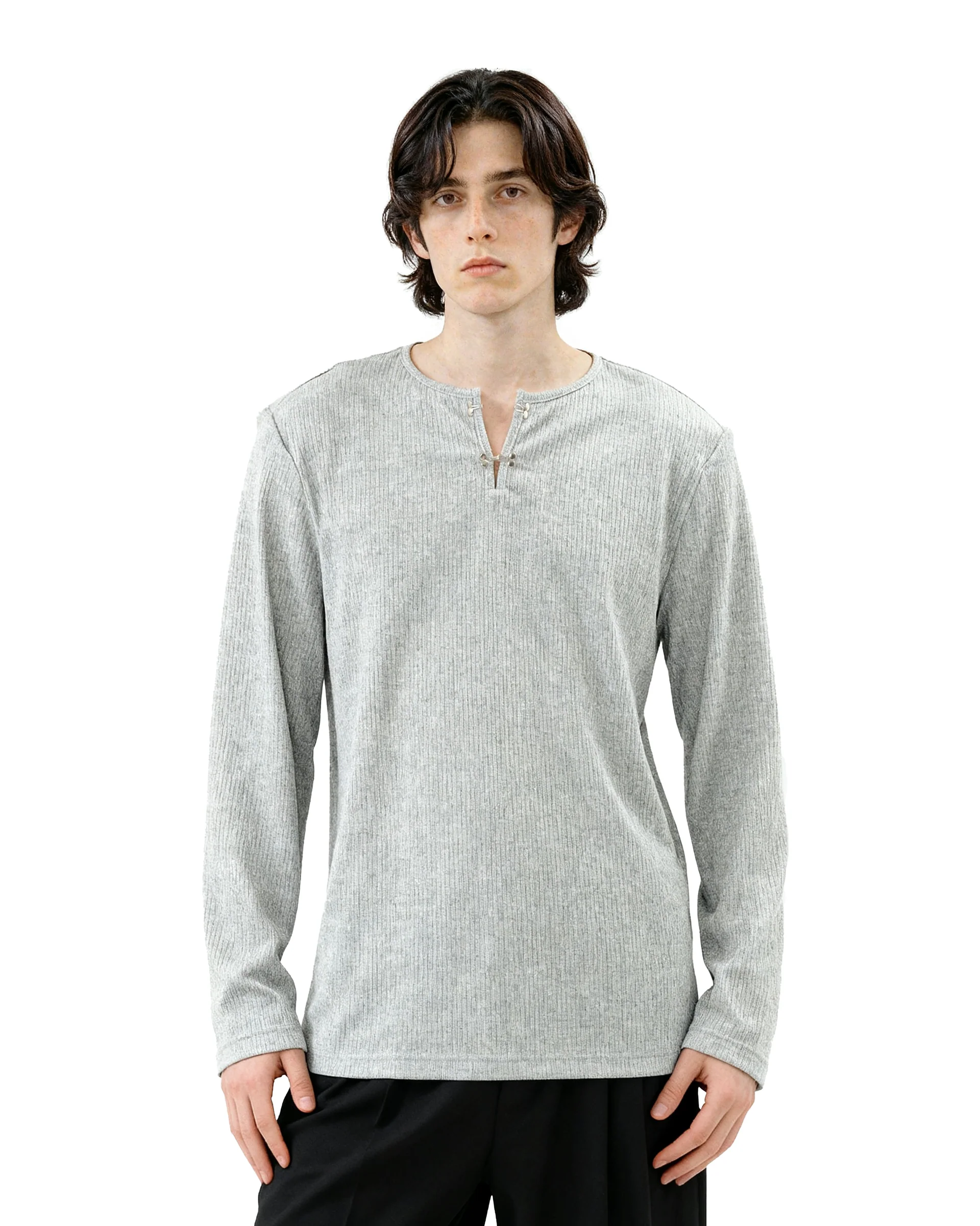 Ribbed Metal-Clasp Hook Henley Top