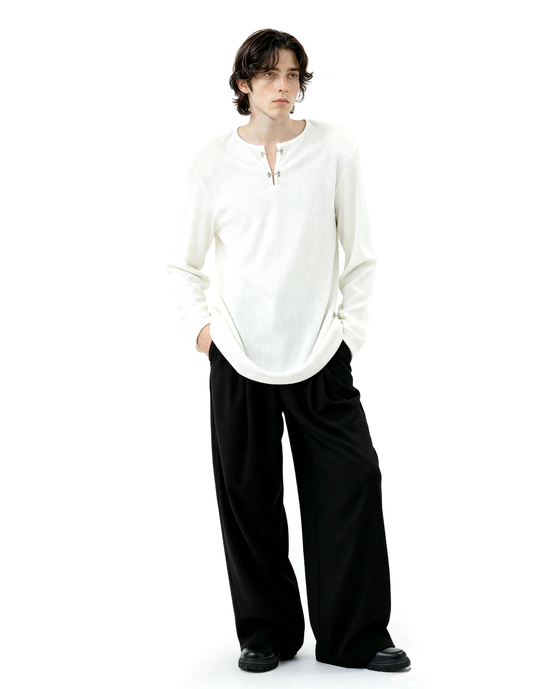 Ribbed Metal-Clasp Hook Henley Top