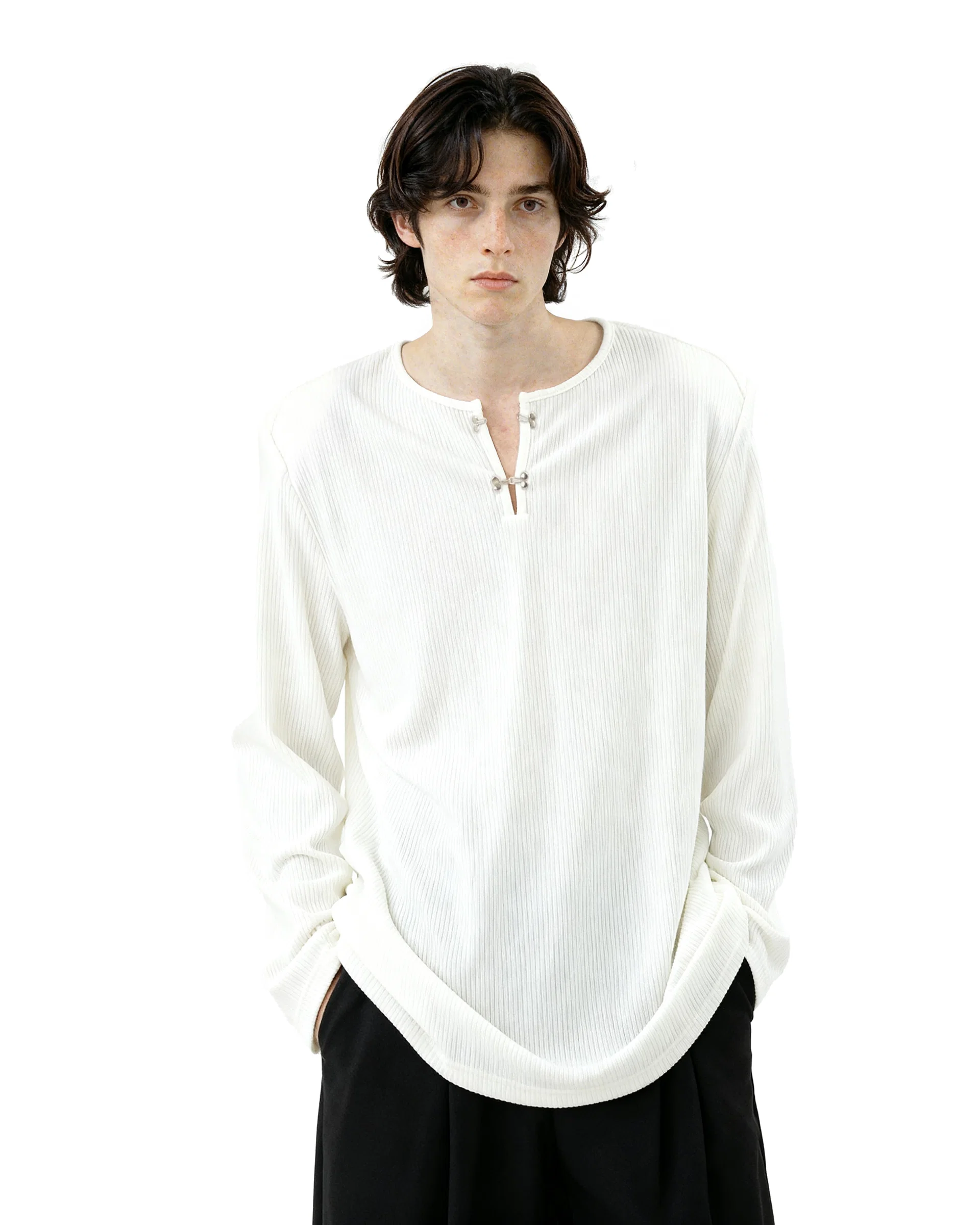 Ribbed Metal-Clasp Hook Henley Top