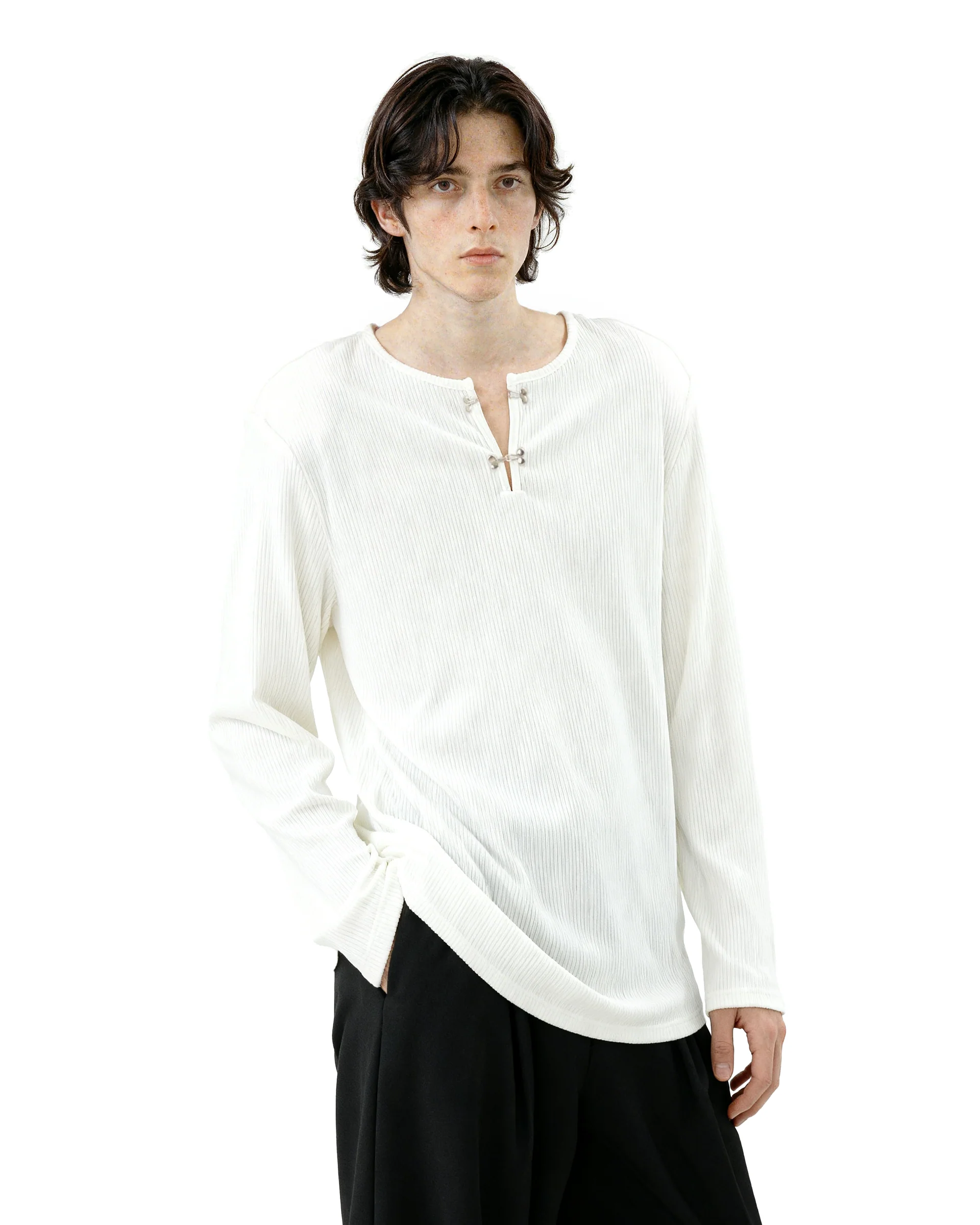 Ribbed Metal-Clasp Hook Henley Top
