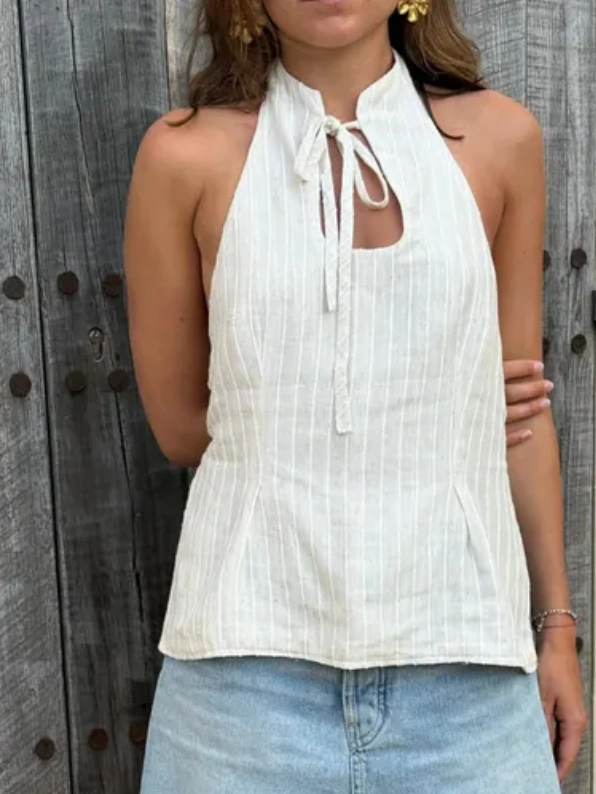 VACAY MODE STRIPED HALTER TOP 