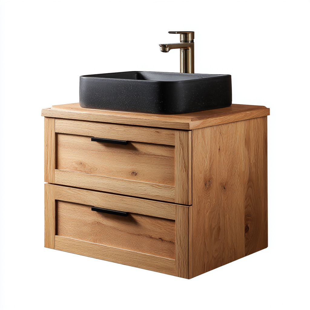 Meuble vasque Bois de chêne-60x45x80 cm-Noir-Naturel-Design moderne-Abodeixe