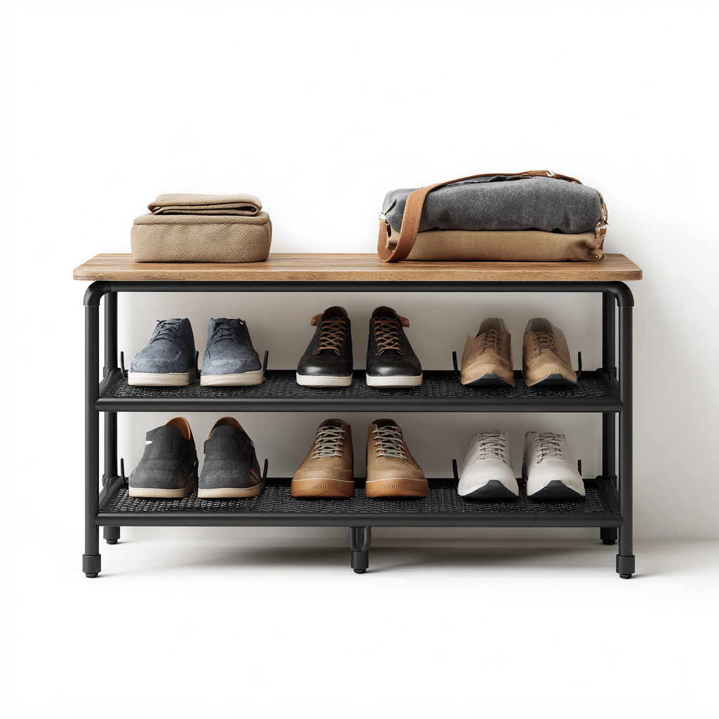 Meuble à chaussures métal et bois 80x30x55 cm - noir-bois naturel - design moderne-Abodeixe