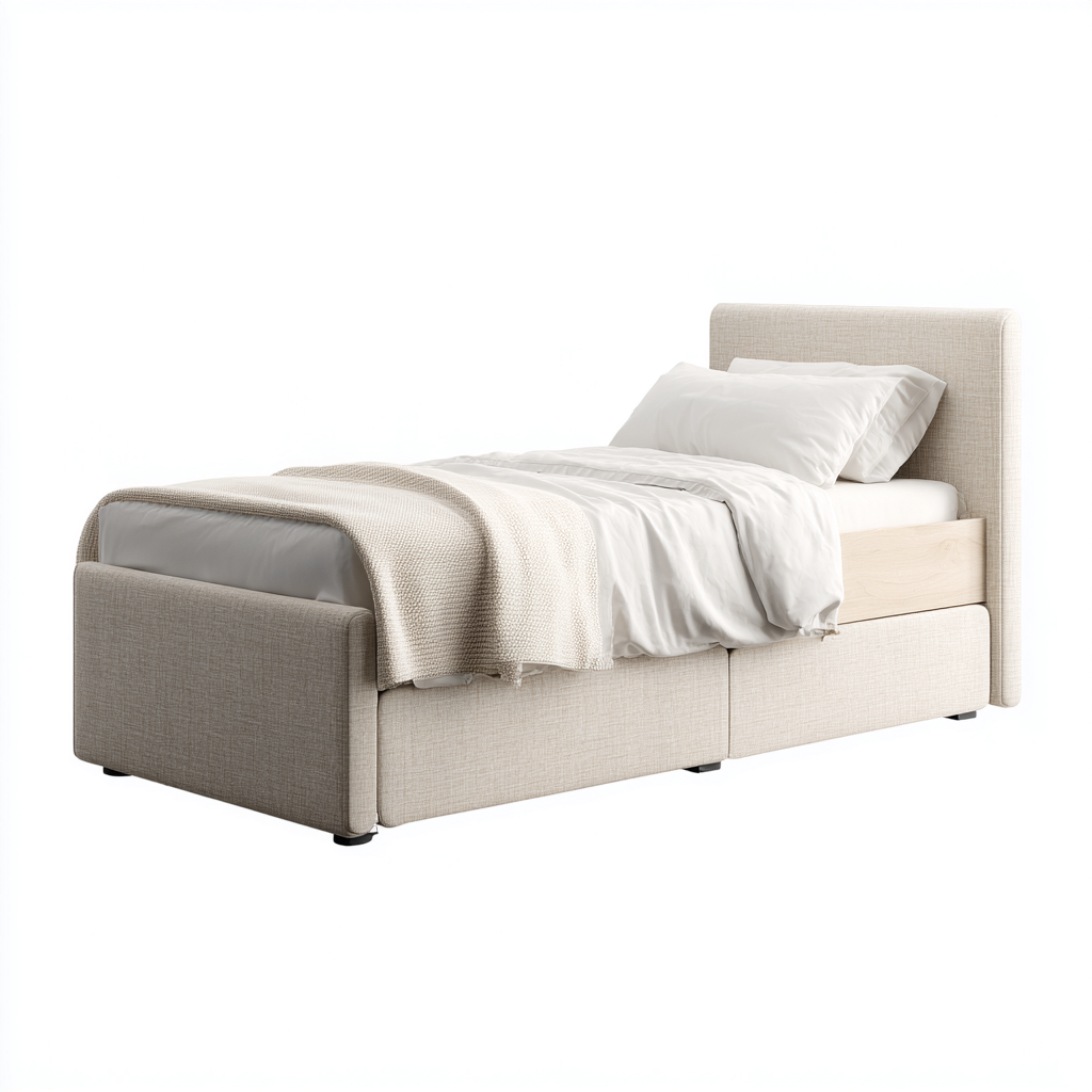 Lit simple tissu 200x95x110 cm beige - design moderne avec rangements-Abodeixe