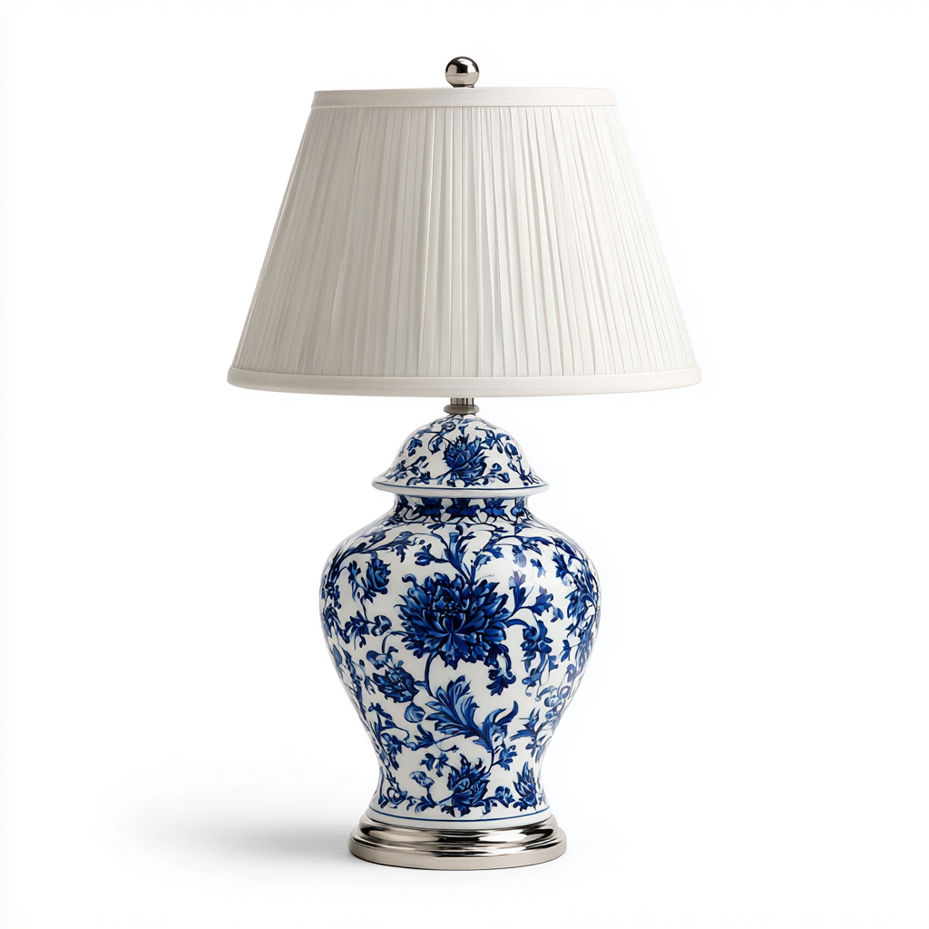 Lampe de table en céramique et tissu 30x30x55 cm - bleu et blanc-doré - style classique-Abodeixe