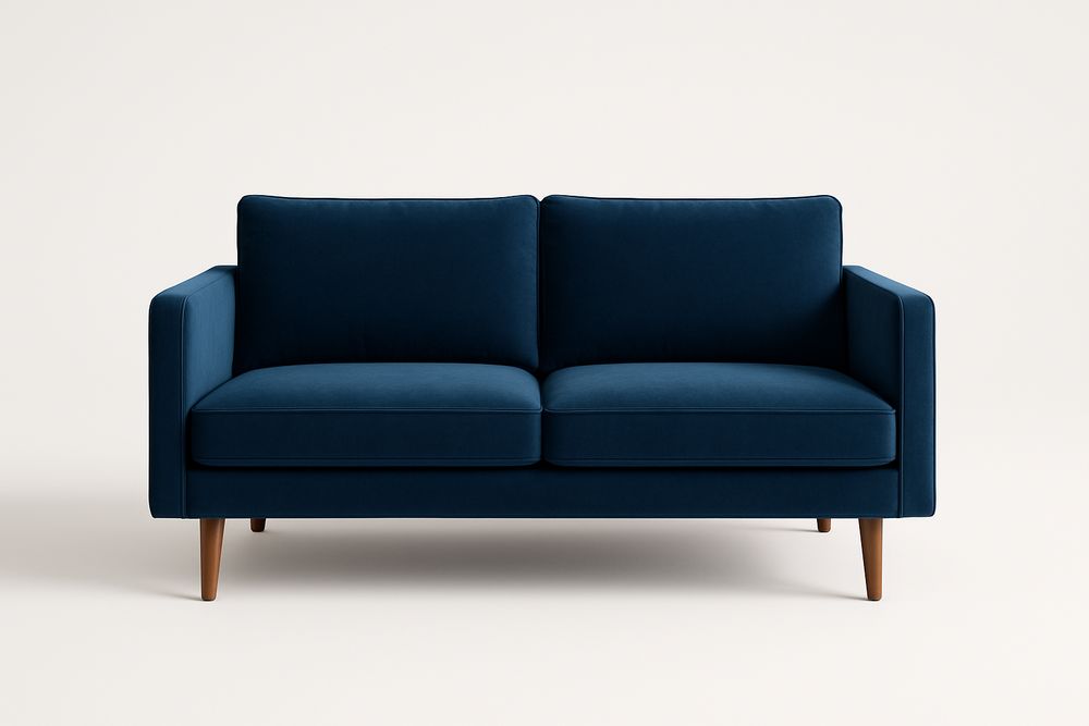 Canapé 2 places en velours bleu avec pieds en bois