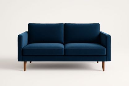 Canapé 2 places en velours bleu avec pieds en bois