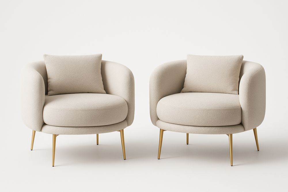 Paire de Fauteuils Ronds en Tissu Beige avec Pieds en Métal Doré