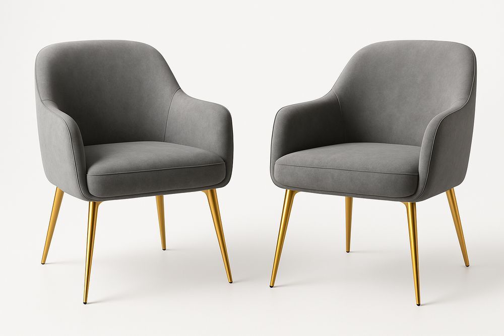 Lot de 2 fauteuils en tissu gris avec pieds en métal doré